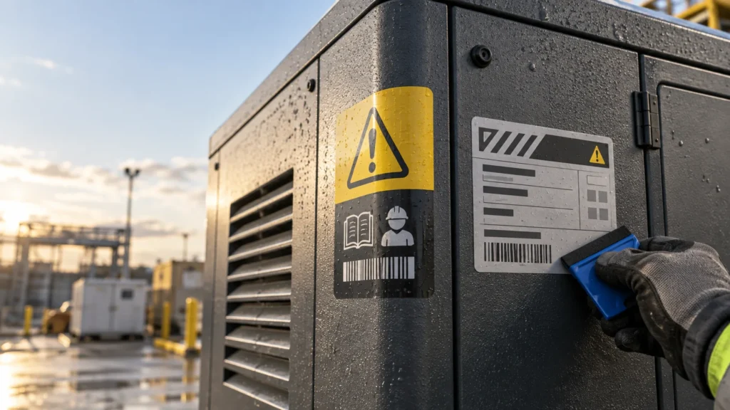 Close-up of a rain-speckled black outdoor equipment cabinet with a yellow-and-black warning decal, a gray barcode-style label, and a gloved worker holding a blue installation tool beside the label.