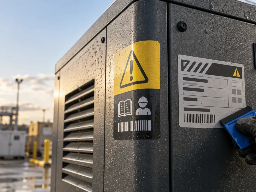 Close-up of a rain-speckled black outdoor equipment cabinet with a yellow-and-black warning decal, a gray barcode-style label, and a gloved worker holding a blue installation tool beside the label.