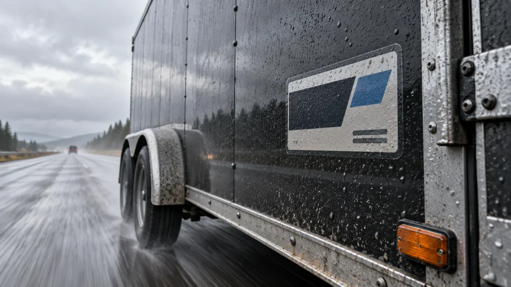 Close view of a rain-soaked black highway trailer driving on a wet road, with water spray around its wheels and a rectangular blue-and-gray decal on its side.
