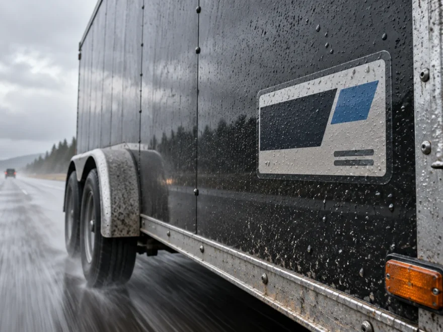 Close view of a rain-soaked black highway trailer driving on a wet road, with water spray around its wheels and a rectangular blue-and-gray decal on its side.