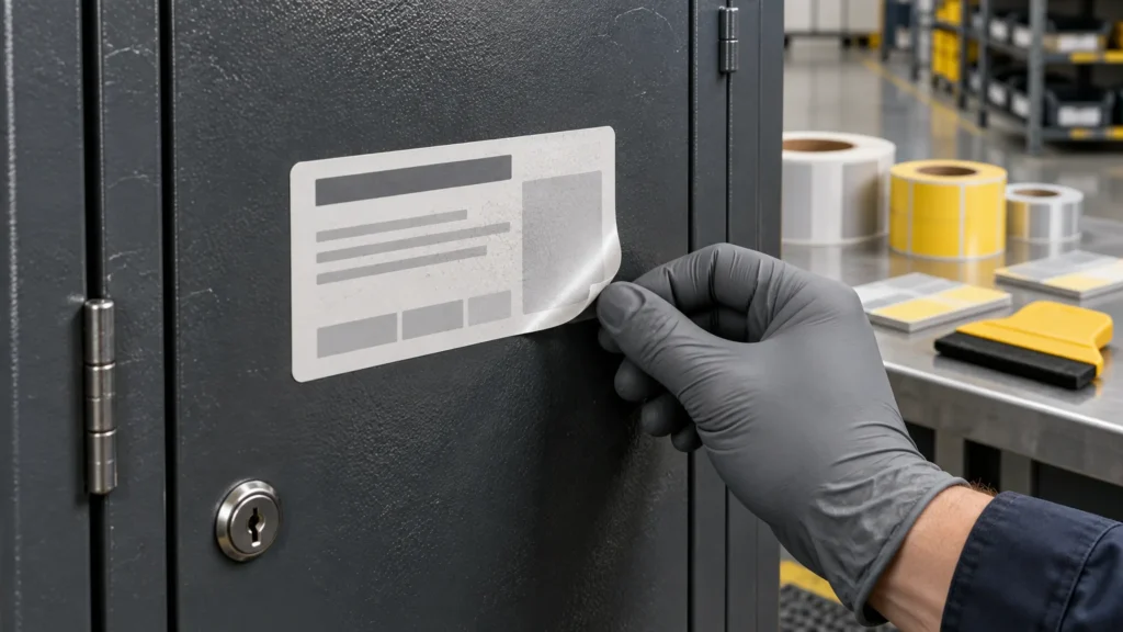 Gloved hand peeling a large white label from a textured black metal cabinet in a workshop, with rolls of blank labels on a bench behind it.