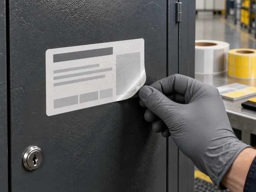 Gloved hand peeling a large white label from a textured black metal cabinet in a workshop, with rolls of blank labels on a bench behind it.