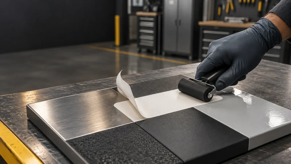 A gloved hand uses a small roller to apply a white adhesive label across metal, textured black, and glossy coated sample panels on a workshop bench.