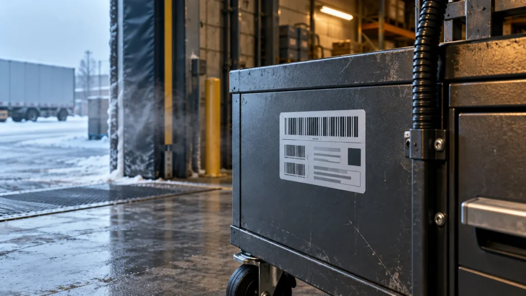 Close-up of a scuffed dark metal industrial cabinet with a white barcode label beside an open warehouse door, with snow and a truck visible outside on a cold, wet loading area.