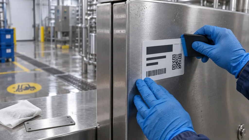 Blue-gloved hands use a black applicator to smooth a white QR and barcode equipment label onto a wet stainless steel cabinet in an industrial workspace.