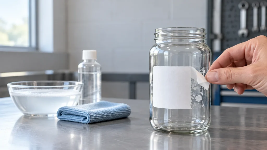 A hand peels a white sticker from a clear glass jar on a metal worktable, with adhesive residue visible beside the label. A bowl of soapy water, a small bottle, and a blue cleaning cloth sit nearby.