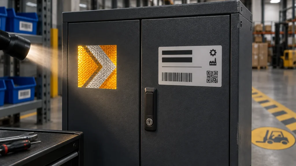 Black textured metal equipment cabinet in a warehouse, showing a bright amber-and-white reflective chevron decal illuminated by a flashlight beside a matte gray equipment label with barcode and QR-style code.