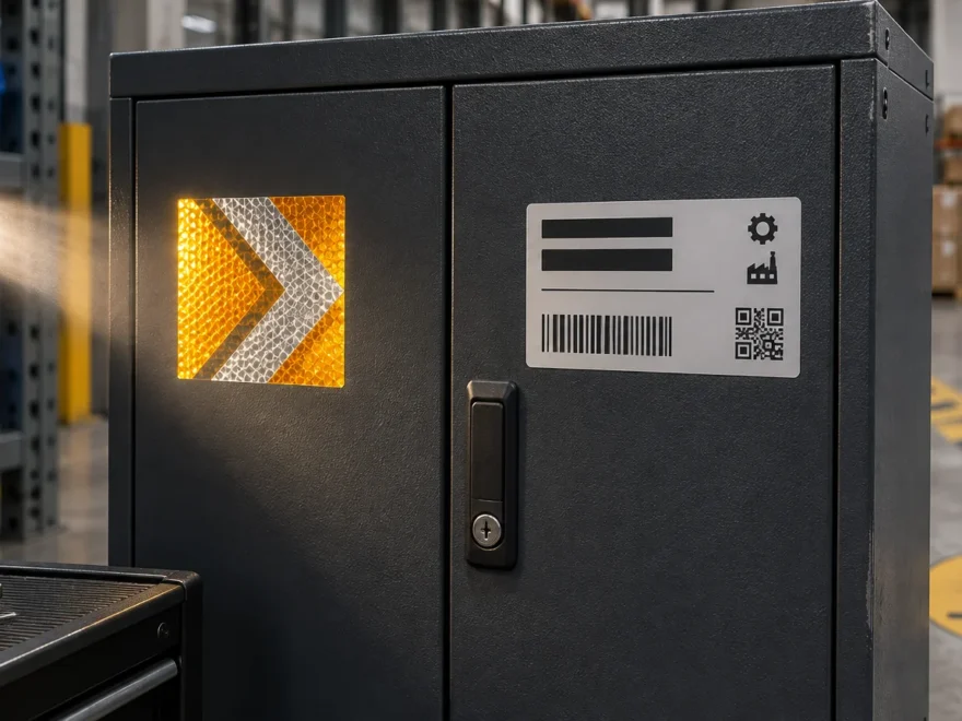 Black textured metal equipment cabinet in a warehouse, showing a bright amber-and-white reflective chevron decal illuminated by a flashlight beside a matte gray equipment label with barcode and QR-style code.