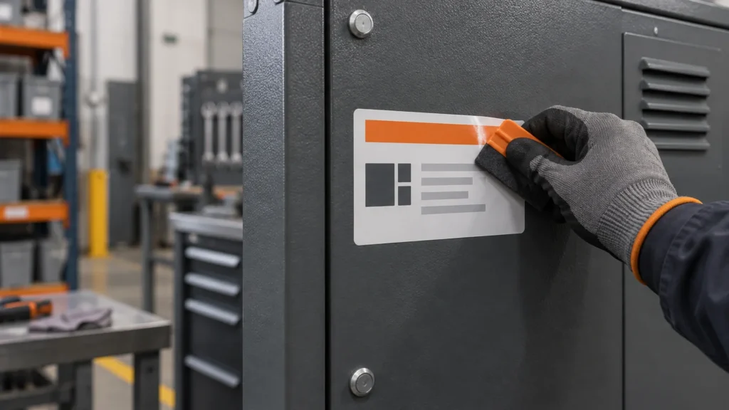 Gloved worker uses an orange squeegee to apply a laminated label to a textured dark-gray metal equipment cabinet in a workshop.