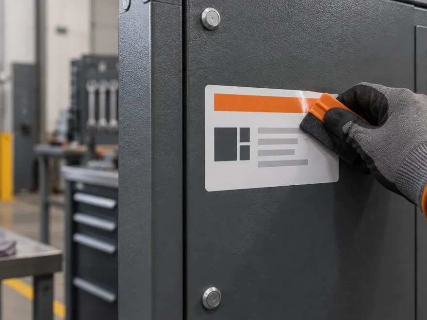 Gloved worker uses an orange squeegee to apply a laminated label to a textured dark-gray metal equipment cabinet in a workshop.